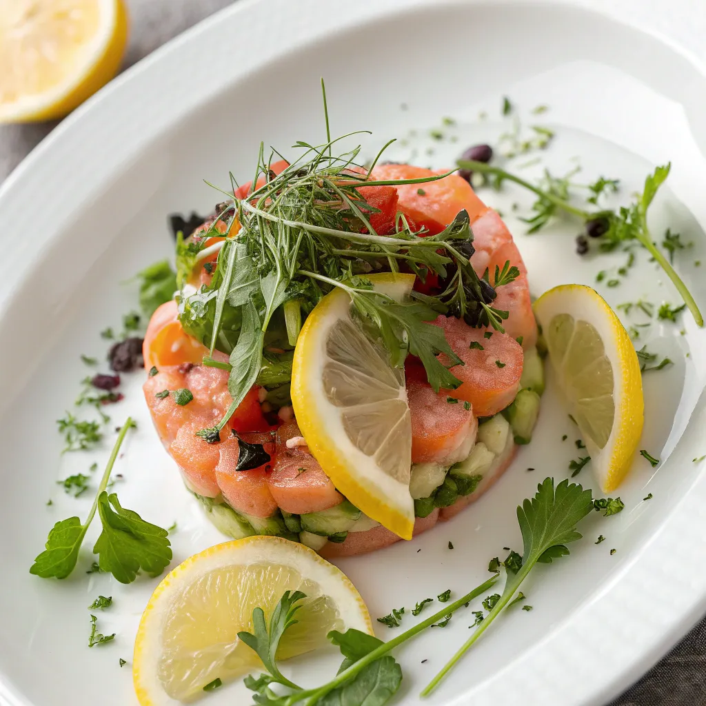 Exquisite seafood dish garnished with herbs and lemon